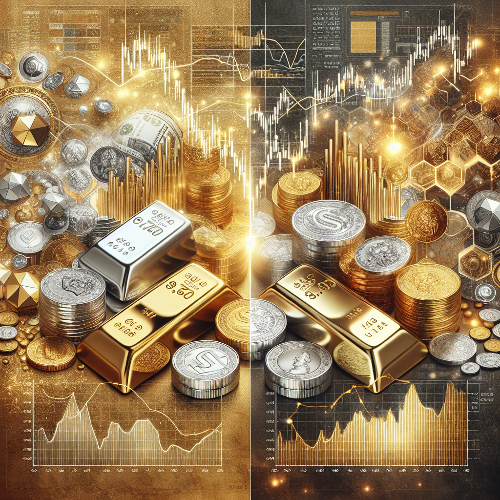 A sophisticated illustration comparing gold and silver trading strategies, featuring elegant gold and silver bars, intricate charts, and symbols of investment, all set against a luxurious backdrop.