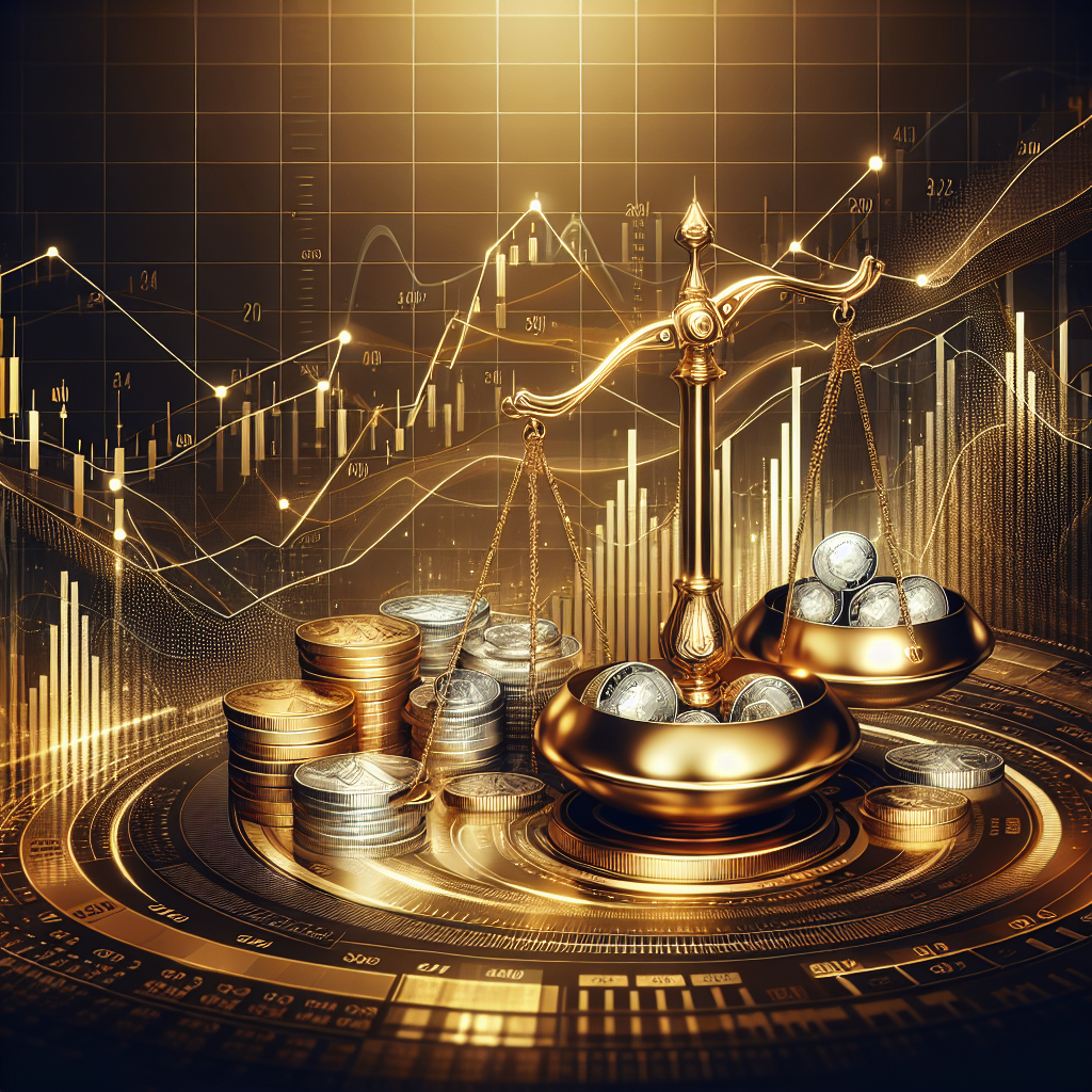 An elegant illustration comparing gold and silver trading, featuring symbolic representations of each metal in a dynamic market setting, with golden hues dominating the artwork.