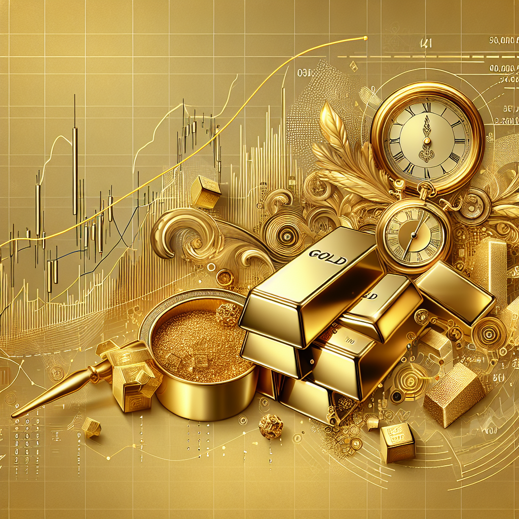 An elegant golden-themed illustration showcasing swing trading concepts, featuring gold bars, candlestick charts, and a clock, symbolizing timing in trading.