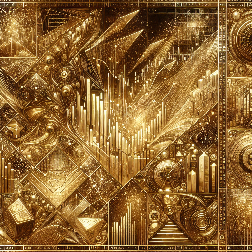 An elegant illustration of various advanced gold price patterns, interwoven with shimmering gold elements and trading symbols, representing a sophisticated analysis of trading implications.