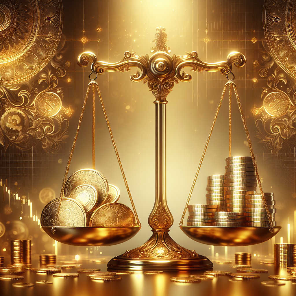 An elegant illustration showcasing the contrast between gold and silver trading, featuring ornate scales balanced with gold coins on one side and silver coins on the other, set against a backdrop of intricate patterns and soft golden hues, symbolizing strategic insights for seasoned investors.