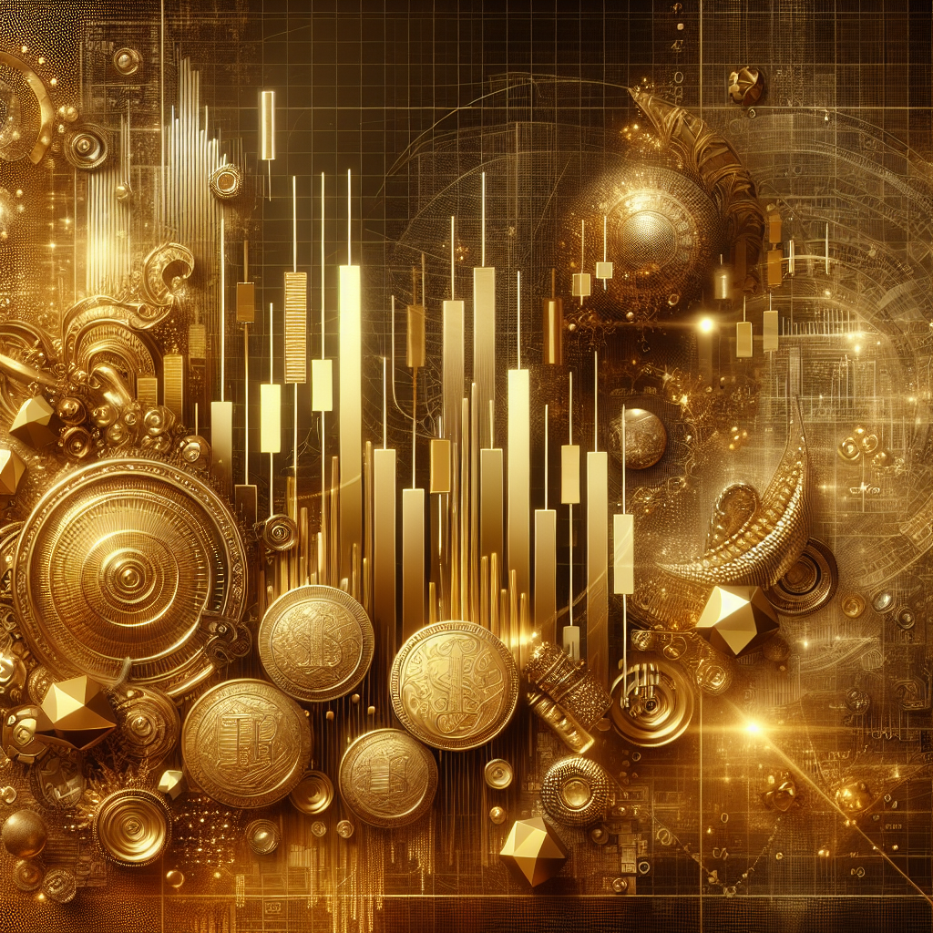 An elegant illustration depicting swing trading concepts with gold elements, featuring candlestick charts and shimmering gold coins, symbolizing financial growth and strategy.