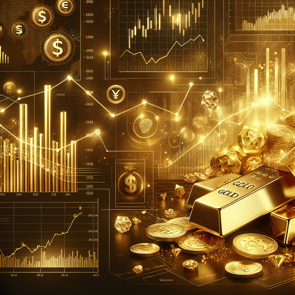 An elegant illustration of economic indicators influencing gold prices, featuring graphs, currency symbols, and gold bars, designed in luxurious golden hues.