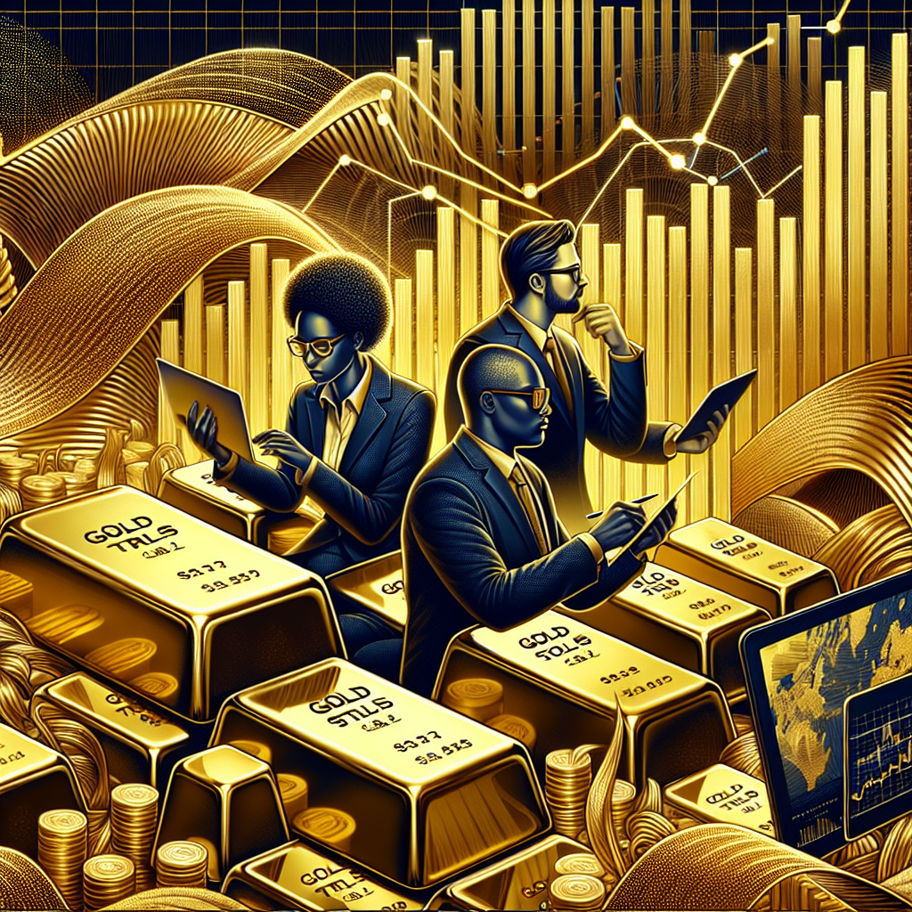 An elegant infographic showcasing a gold breakout trading strategy, featuring gold bars, upward trending graphs, and silhouettes of traders in an upscale trading environment.