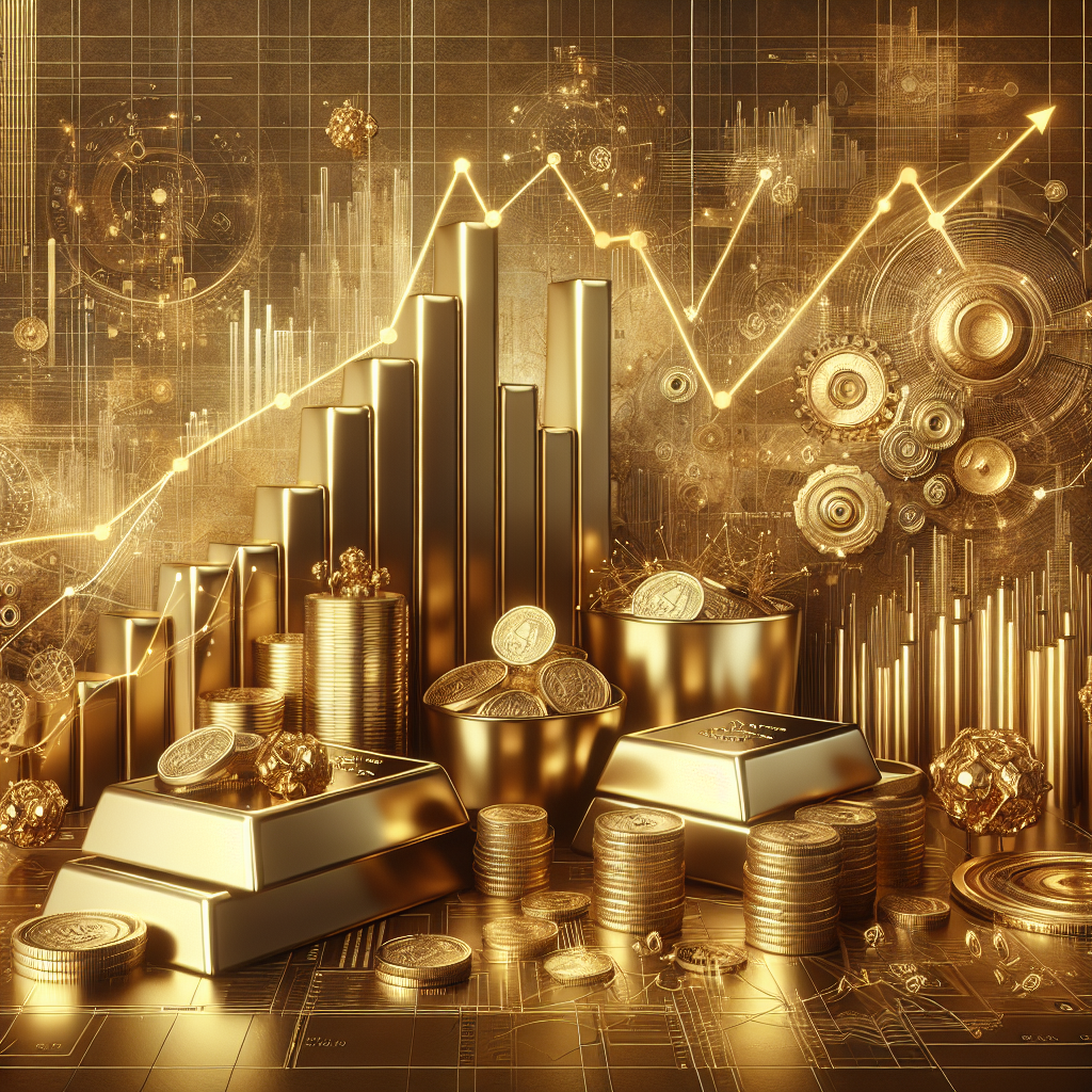 An elegant golden-themed illustration depicting various elements of gold trading, including a rising graph, gold bars, a trading desk, and an abstract representation of expert opinions in a sophisticated and luxurious style.