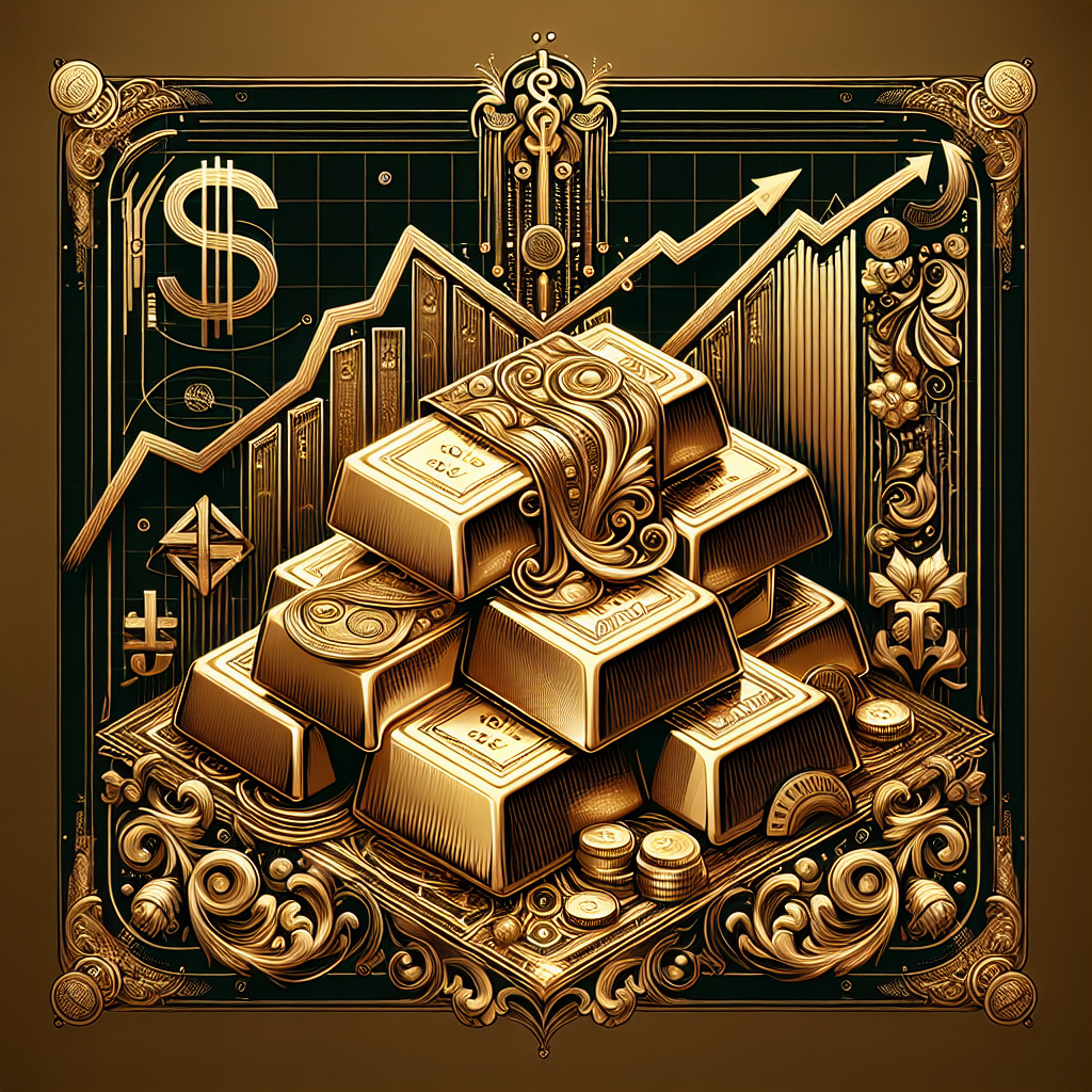 An elegant, golden-themed illustration depicting various economic indicators influencing gold trading, featuring gold bars, a stock market graph, and symbolic representations of inflation and interest rates.