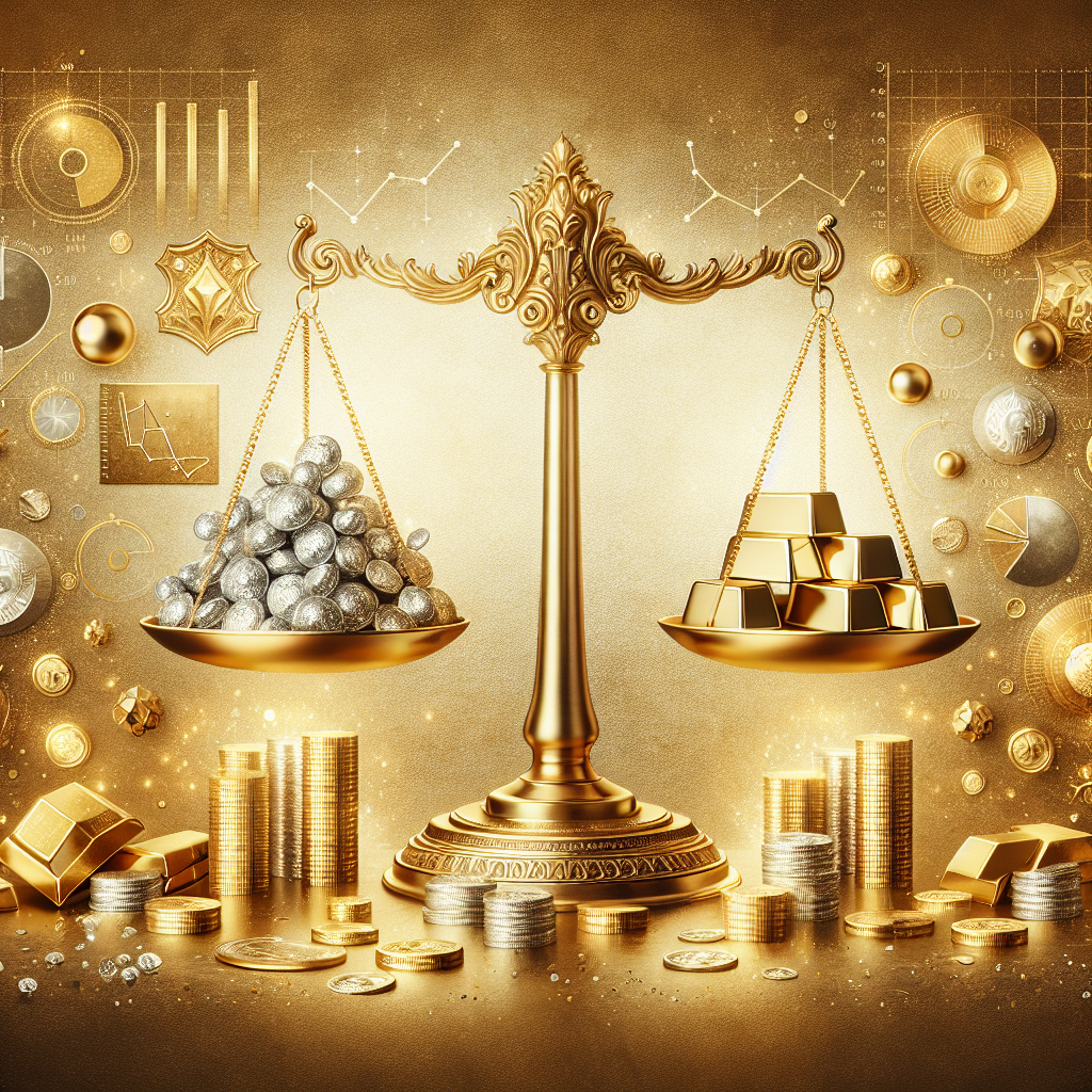 An elegant illustration depicting a detailed comparison between gold and silver trading strategies, featuring golden scales balancing gold bars and silver coins amidst a luxurious backdrop.