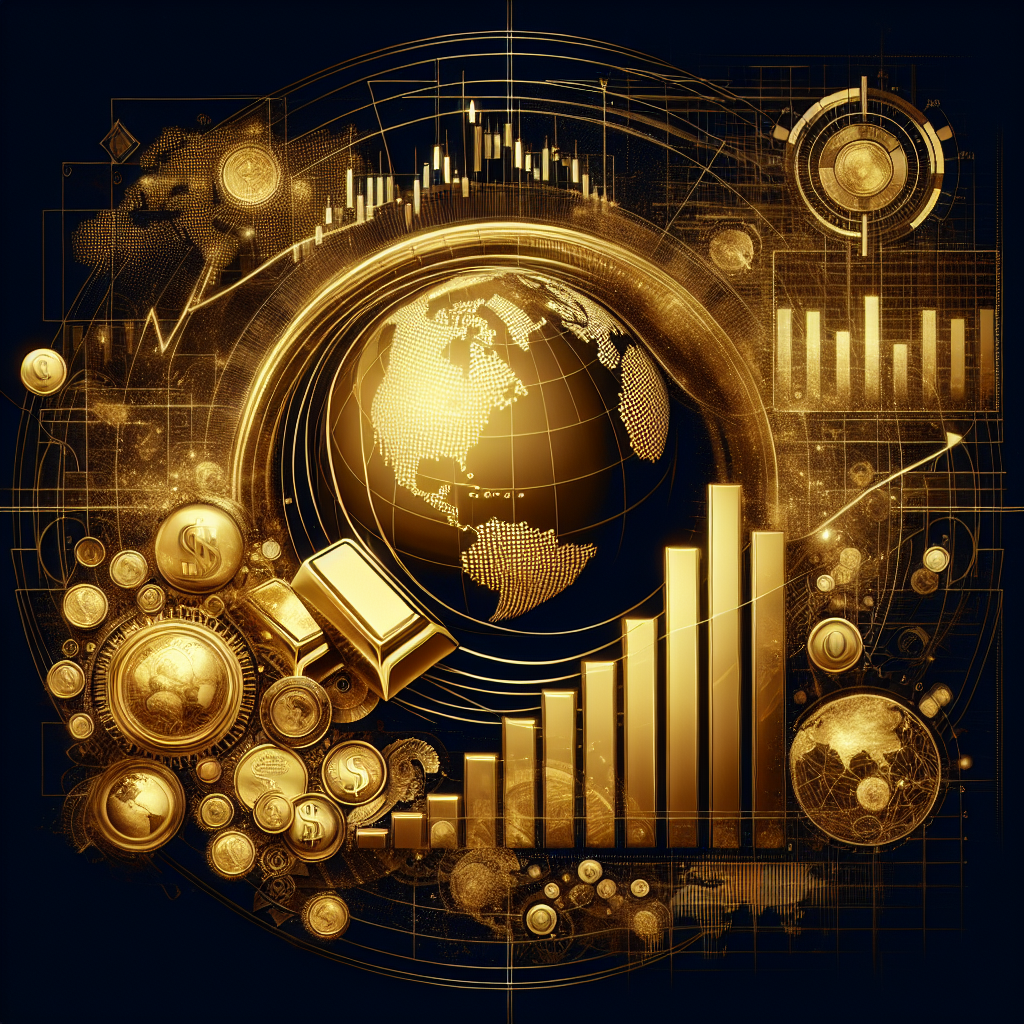 An elegant illustration depicting the intricate relationship between economic events and gold prices, featuring golden elements and graphical representations.