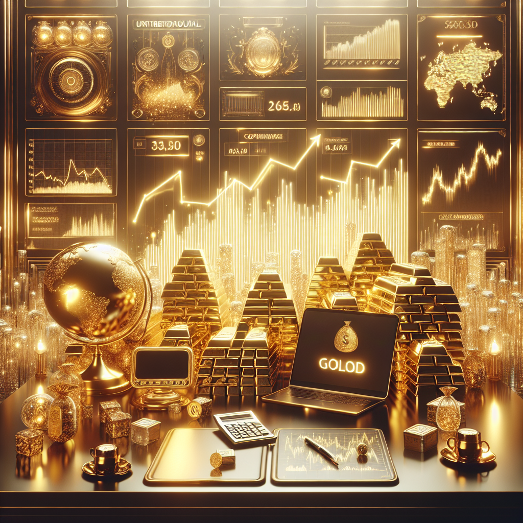 An elegant illustration depicting a golden trading strategy, featuring a sophisticated office setting with gold bars, charts, and financial tools, conveying a sense of investment success and professionalism.