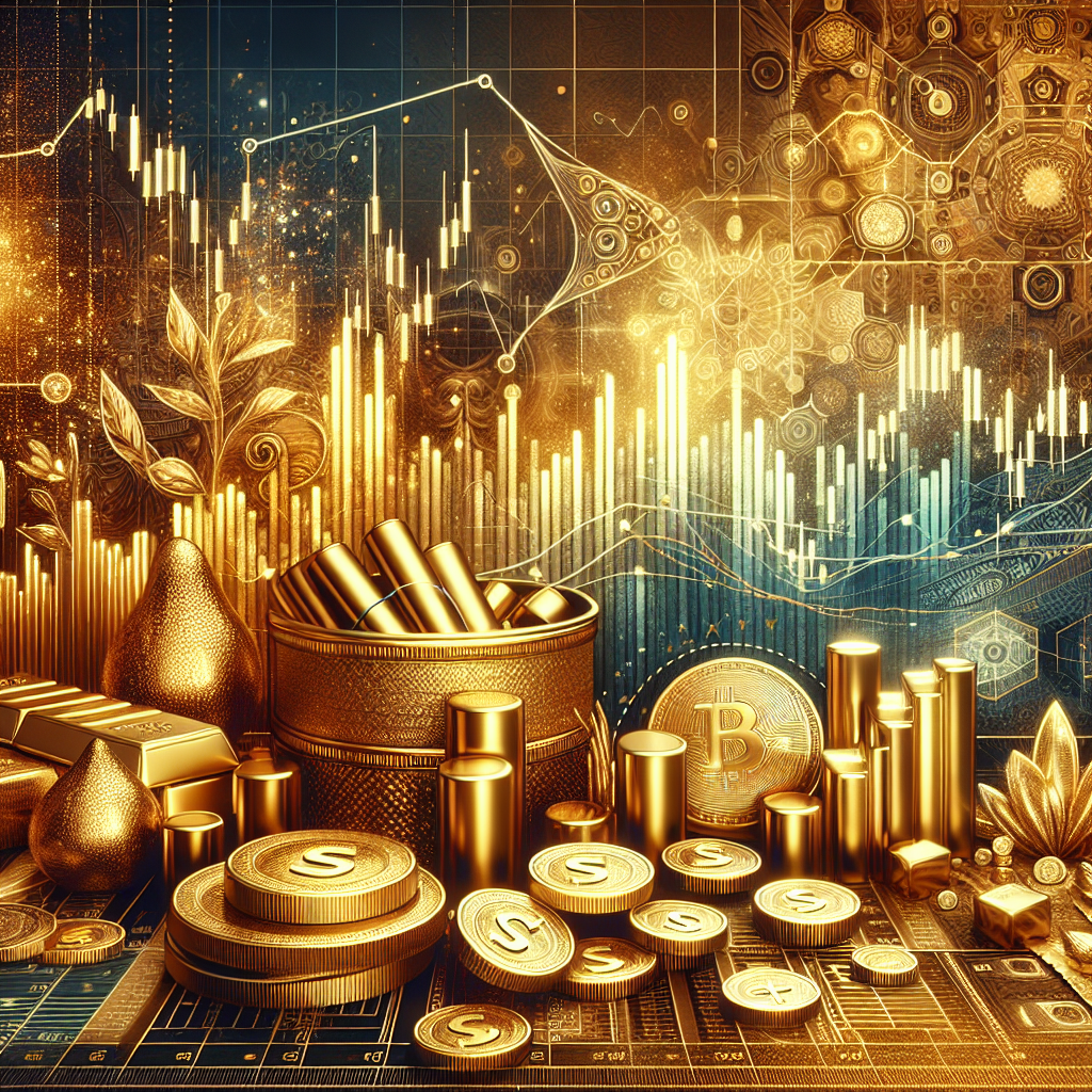 An elegant golden-themed illustration depicting advanced gold trading breakout patterns, featuring charts, candlestick patterns, and iconic gold elements like coins and bars, set against a luxurious background.