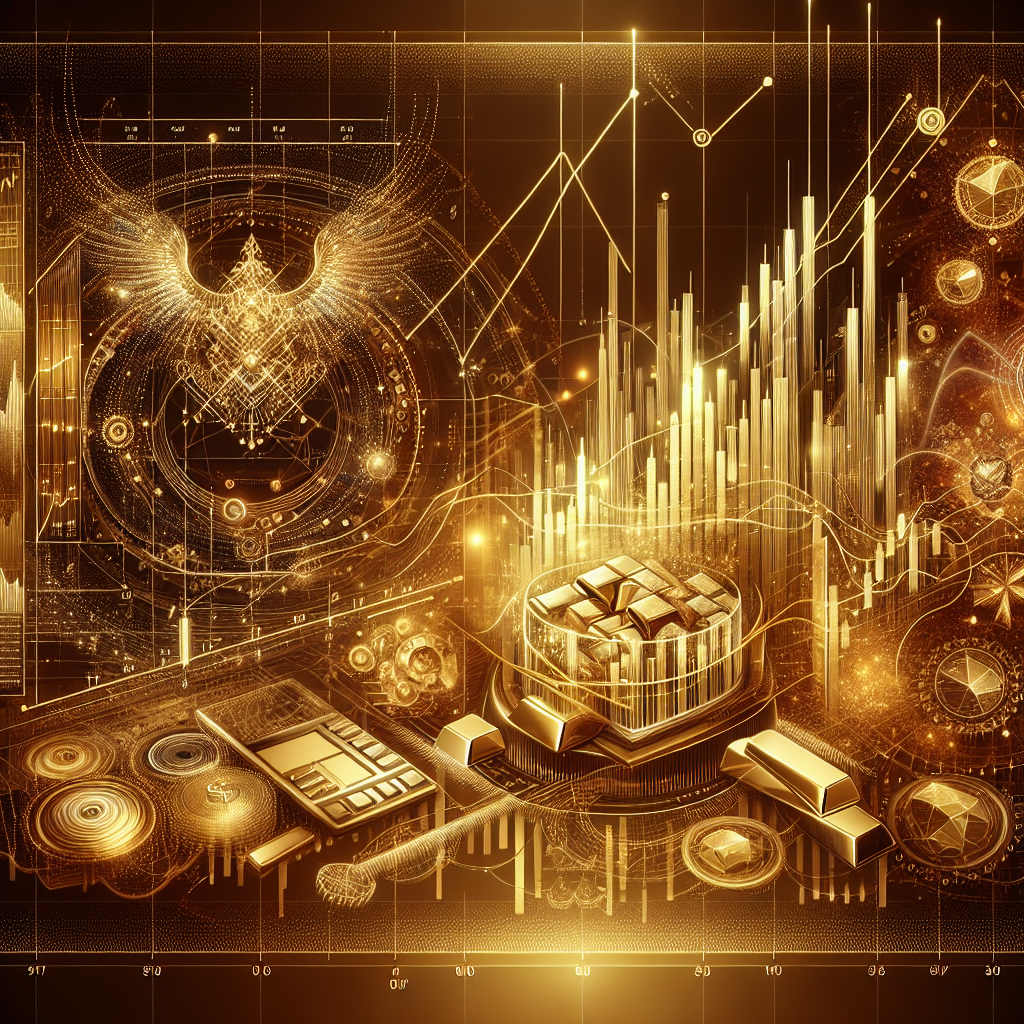 An elegant golden-themed illustration showcasing advanced trading tools and techniques for gold price breakouts, featuring charts, candlesticks, and essential indicators.