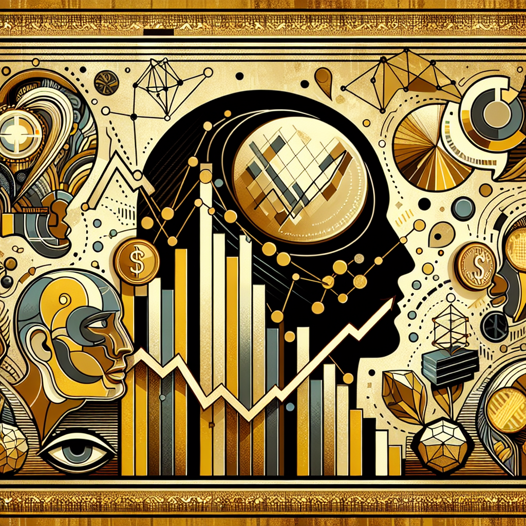 An elegant golden-themed artwork depicting the dynamic nature of gold trading, featuring a stylized market chart, graph lines illustrating upward and downward trends, and abstract representations of market sentiment such as emotive faces and thought bubbles, all encased in a rich, opulent golden backdrop.