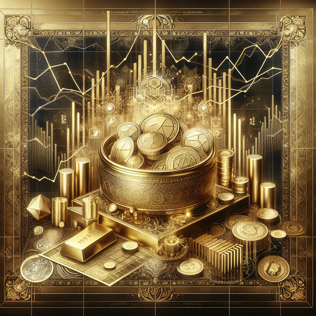 An elegant golden-themed illustration depicting the contrasting visuals of gold and silver markets, with charts, coins, and a trading desk, symbolizing divergence and investment strategies.