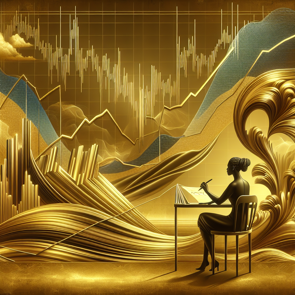 An elegant illustration depicting a serene landscape with gold elements symbolizing swing trading, featuring a stylized graph incorporating fluctuating gold prices, a trader analyzing data, and golden waves representing market fluctuations.