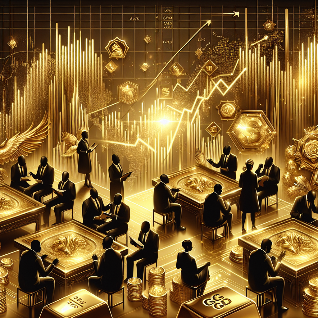 An elegant golden-themed illustration depicting gold traders strategizing during a market breakout, featuring charts, gold bars, and protective symbols like shields and umbrellas.