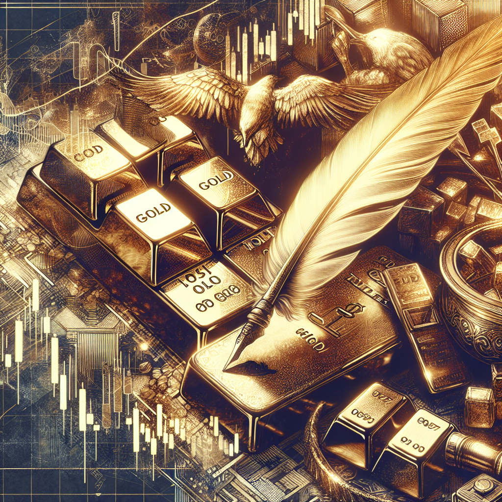 An elegant illustration featuring elements of swing trading, gold bullion, analytical charts, and trading tools, all set in a luxurious golden theme.