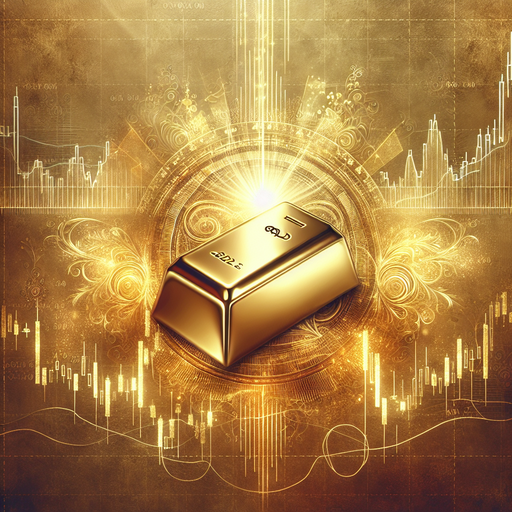 An elegant golden-themed illustration depicting swing trading strategies for gold, featuring a glowing gold bar, candlestick charts, and a graceful depiction of market fluctuations, all set against a luxurious backdrop.