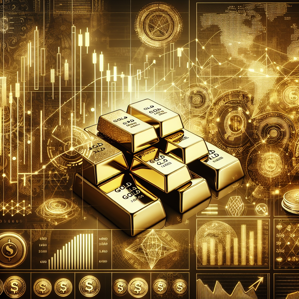 An elegant illustration showcasing the essentials of gold trading, featuring symbols of economic indicators like charts, scales, and gold bars, all adorned in rich golden hues.