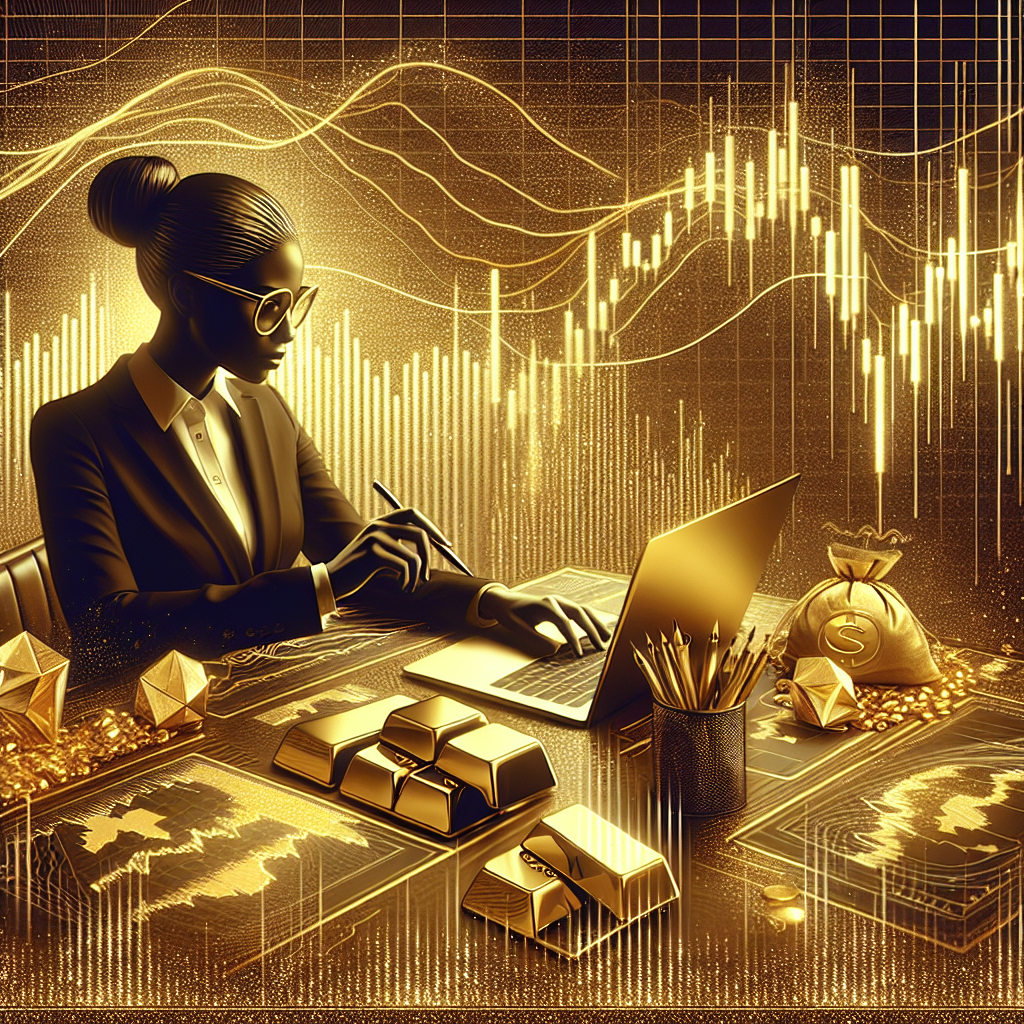 An elegant illustration showcasing the concept of breakout trading in gold, featuring abstract representations of gold bars, charts, and a disciplined trader in a sophisticated setting with a golden color palette.