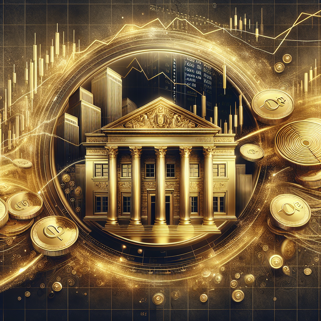 An elegant illustration representing the influence of central banks on gold prices, featuring gold coins, a central bank building, and a graph showing fluctuating gold prices, all in a luxurious golden palette.