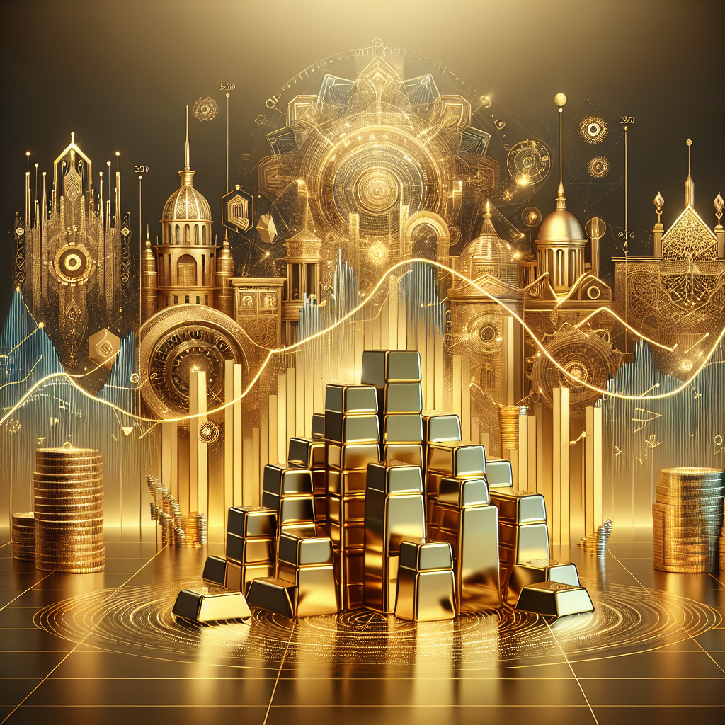 An elegant golden-themed illustration depicting the influence of central banks on gold prices, featuring symbols of monetary policy and gold elements.