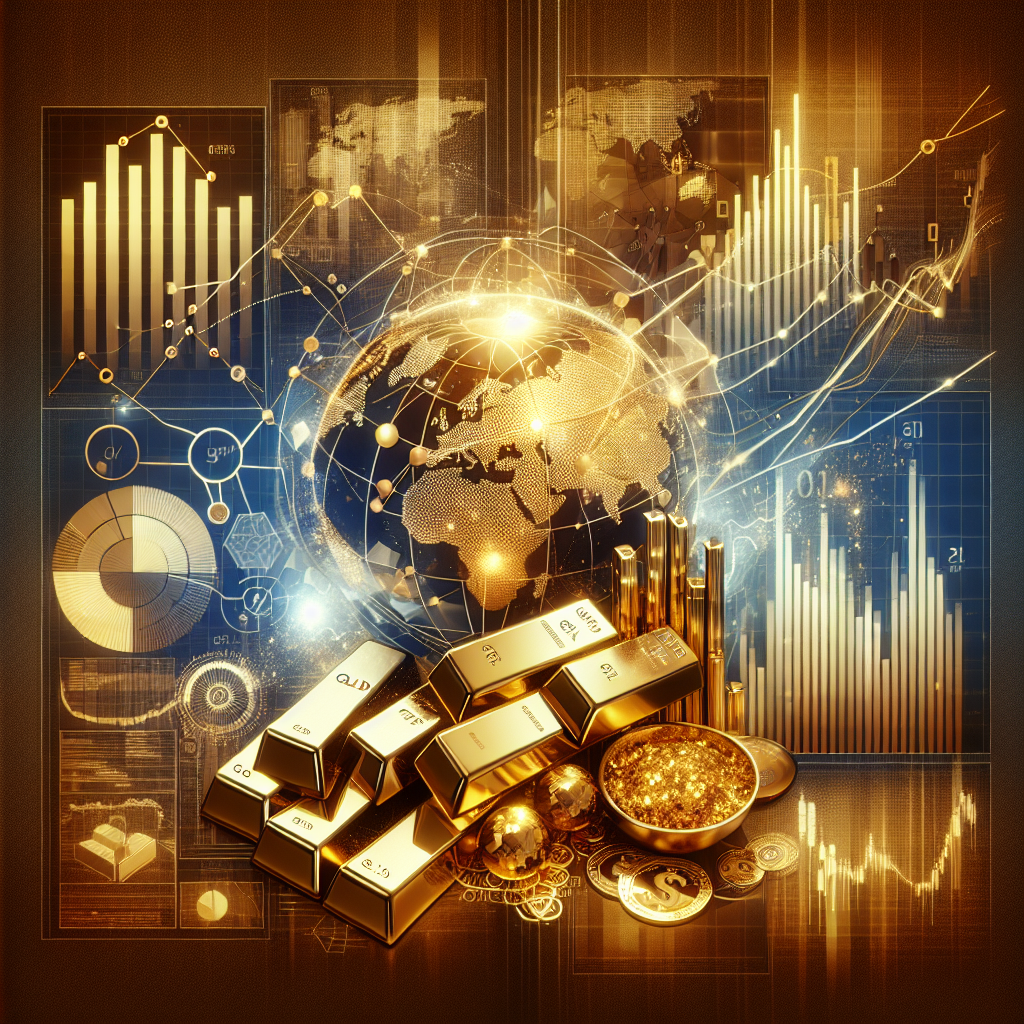 An elegant illustration depicting the intricate relationship between global economic factors and the trading of gold and precious metals, set against a backdrop of shimmering gold tones, including visual elements like stock market graphs, world maps, and precious metal bars.