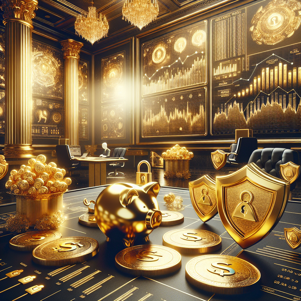 An elegant golden-themed illustration representing advanced risk management techniques in gold trading, featuring intricate charts, golden coins, and a sophisticated trading desk.