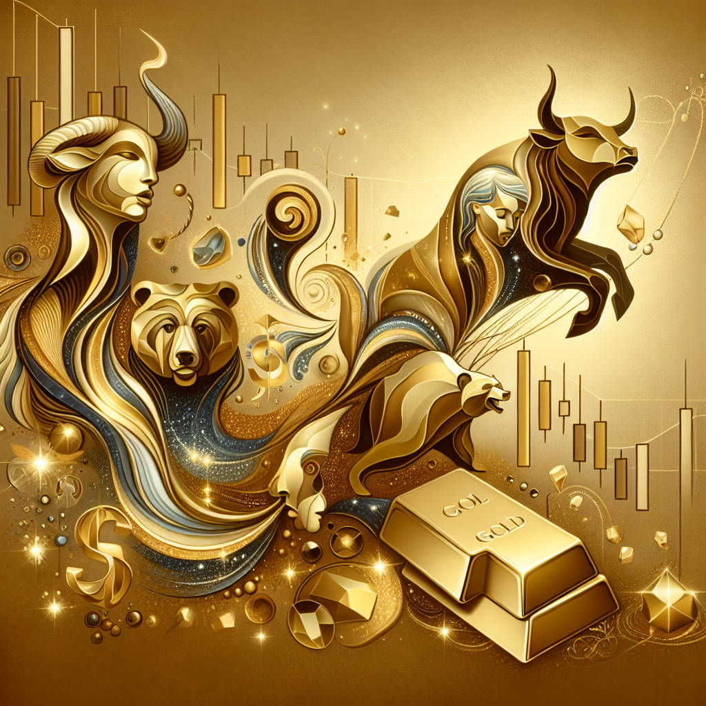 An elegant, golden-themed illustration symbolizing market sentiment, featuring abstract representations of investors' emotions and gold price movements, with elements like bull and bear figures, emotional faces, and gold bars intertwined in a flowing design.