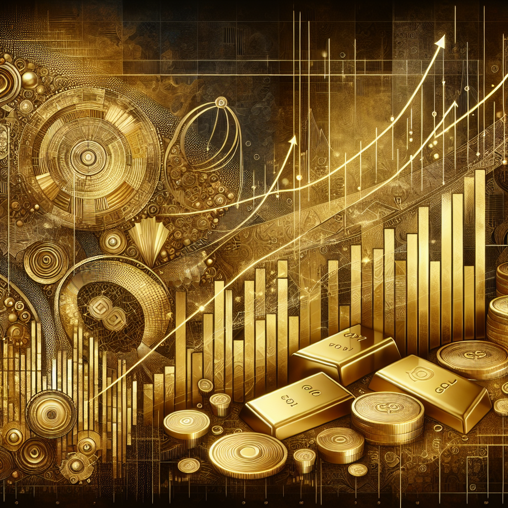 An elegant illustration depicting the top five gold price patterns for traders, featuring visual representations of rising and falling trends, candlestick patterns, and gold coins, all in a luxurious golden color palette.