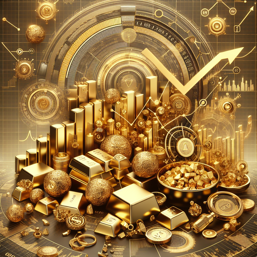 An elegant golden-themed illustration depicting various factors influencing gold prices, including market graphs, sentiment indicators, and financial symbols intertwined with gold nuggets and jewelry.