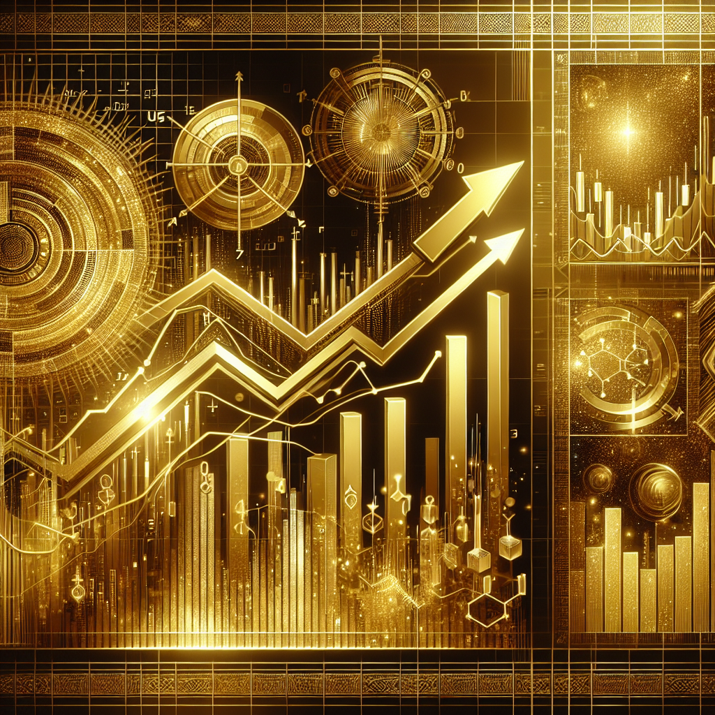 An elegant illustration depicting tools and indicators for predicting breakout trends in gold, incorporating elements of market sentiment analysis with a golden color palette.